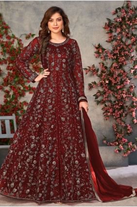 Maroon Anarkali Suit in Soft net with Embroidered AS3326