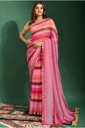 Chiffon Saree with Mirror,embroidered,printed in Pink SR23683
