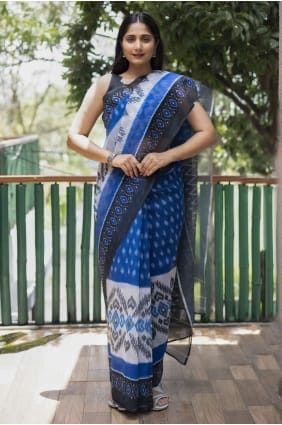 Digital print Saree in Blue Cotton SR23728
