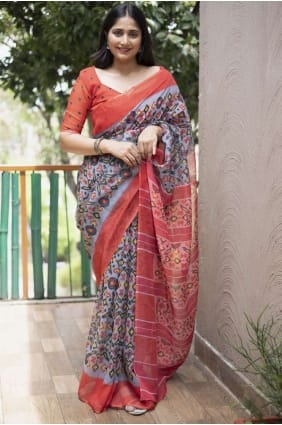 Cotton Saree in Grey with Digital print SR23733