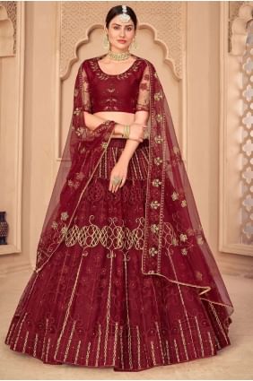 Net Embroidered Maroon Wedding Lehenga Choli with Dupatta LC6249
