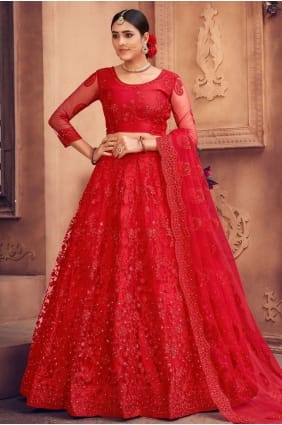 Net Wedding Lehenga Choli in Red with Embroidered LC6257