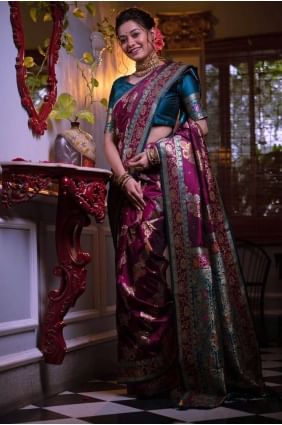 Weaving Banarasi silk Wine Banarasi Saree with Blouse SR23831