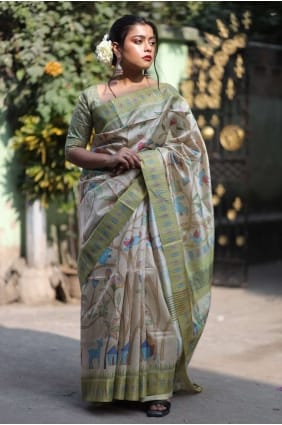 Silk Saree in Printed Green with Blouse SR23848