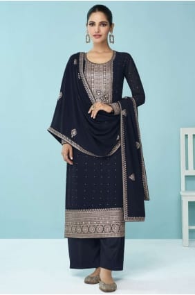 Faux georgette Eid Palazzo Suit in Blue with Embroidered PZ3417
