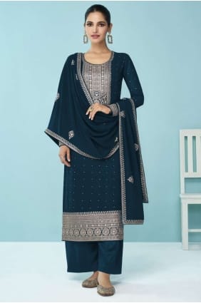 Faux georgette Eid Palazzo Suit in Teal blue with Embroidered PZ3421