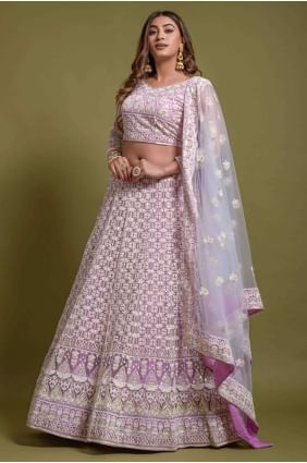 Purple Net Wedding Lehenga Choli with Embroidered LC6368