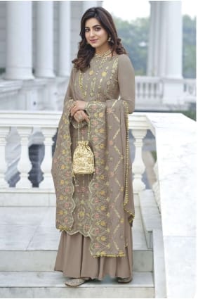 Beige Faux georgette Eid Palazzo Suit with Embroidered PZ3424