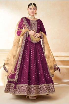 Wine Taffeta Embroidered Anarkali Suit with Dupatta AS3378