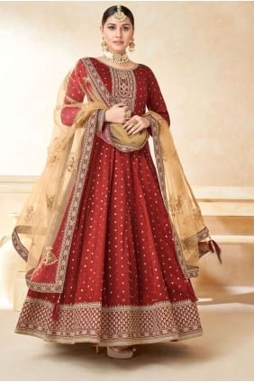 Maroon Taffeta Anarkali Suit with Embroidered AS3380