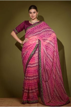 Stone,printed,lace Saree in Pink Georgette SR23872