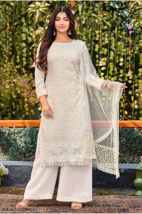 Faux georgette White Eid Palazzo Suit in Embroidered PZ3444