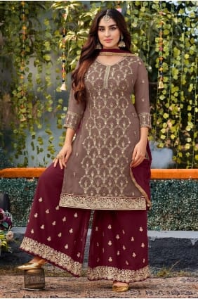 Embroidered Faux georgette Eid Palazzo Suit in Brown with Dupatta PZ3445