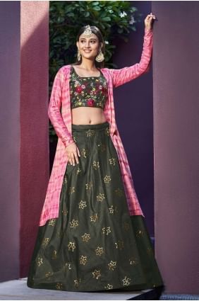 Olive green Lehenga Choli with Embroidered Art silk LC6498