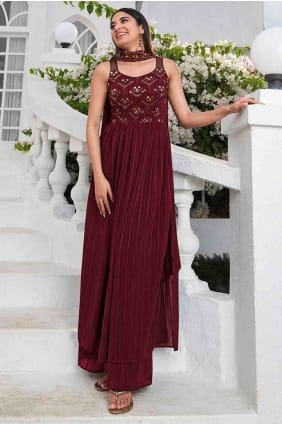Palazzo Suit in Maroon Georgette with Embroidered PZ3565