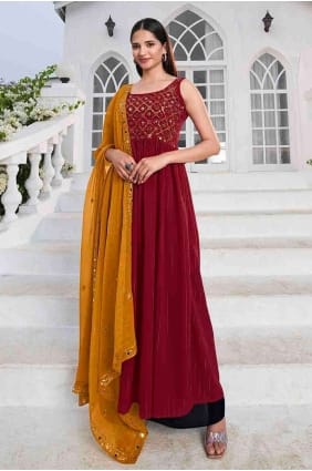 Embroidered Palazzo Suit in Red Georgette PZ3568