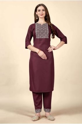 Wine Embroidered Straight Kurti in Cotton KTI1781