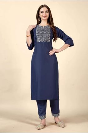 Cotton Embroidered Blue Straight Kurti with Dupatta KTI1782