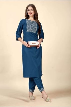 Embroidered Cotton Straight Kurti in Teal blue KTI1784