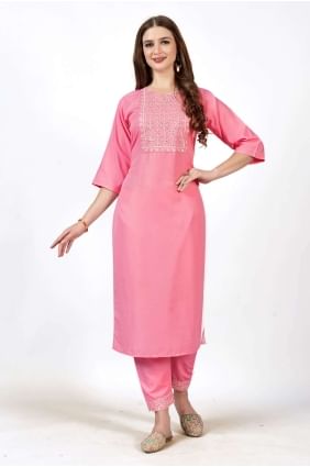 Embroidered Cotton Straight Kurti in Pink KTI1785