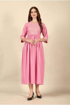 Embroidered Cotton Straight Kurti in Pink with Dupatta KTI1798