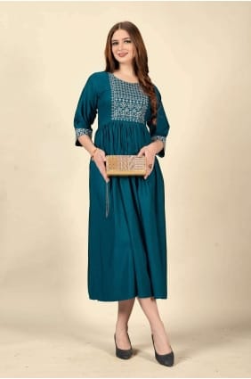 Embroidered Cotton Teal blue Straight Kurti with Dupatta KTI1802