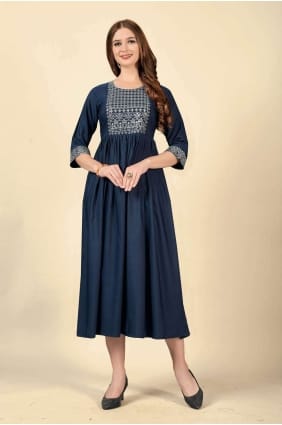 Cotton Straight Kurti in Blue with Embroidered KTI1803