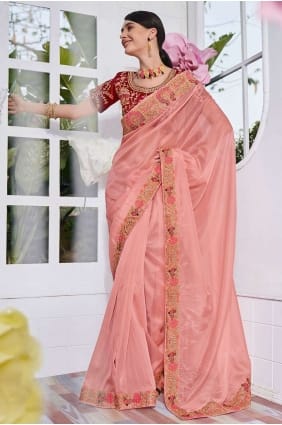 Pink Saree in Embroidered Organza SR24262