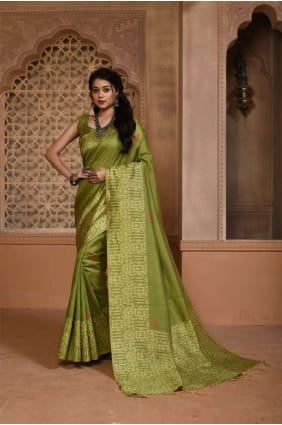 Raw silk Weaving Mehndi Saree with Blouse SR24279