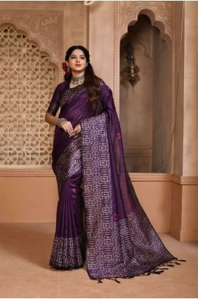 Weaving Raw silk Saree in Wine with Blouse SR24283