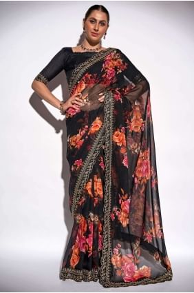 Georgette Saree with Embroidered,printed,lace border in Black SR24298