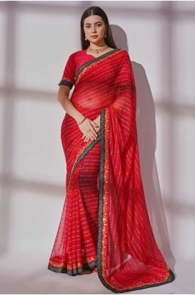 Embroidered,printed,lace border Georgette Red Saree with Blouse SR24302