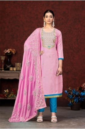 Pink Embroidered Salwar Kameez in Cotton SK153118