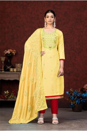 Embroidered Salwar Kameez in Yellow Cotton SK153119