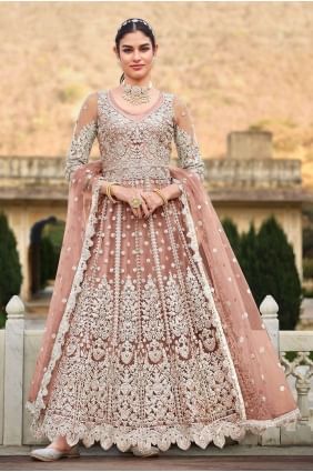 Net Pakistani Suit with Embroidered in Peach AS3621