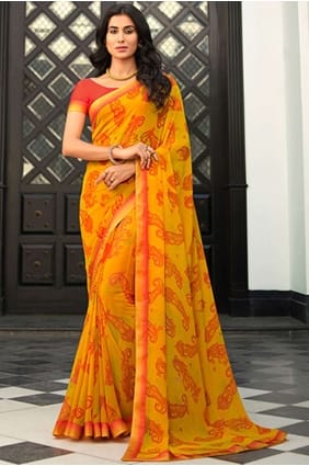 Yellow Saree with Printed,lace border Georgette SR24586