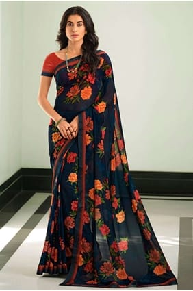 Saree in Blue Georgette with Printed,lace border SR24587