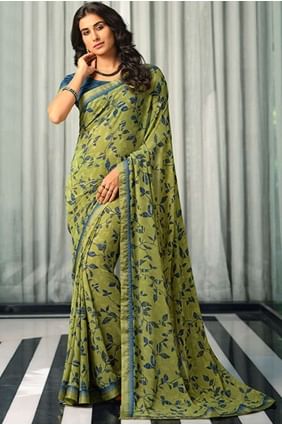Georgette Saree in Pista with Printed,lace border SR24589