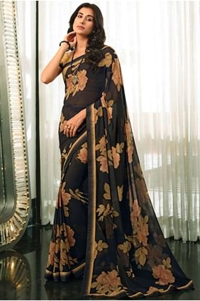 Black Georgette Saree with Printed,lace border SR24590