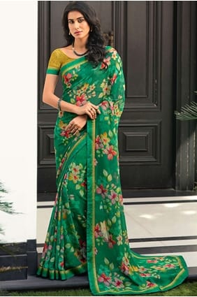 Green Georgette Saree with Printed,lace border SR24591