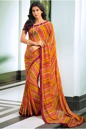 Georgette Printed,lace border Saree in Yellow with Blouse SR24595