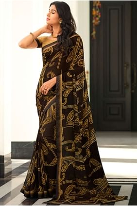 Black Printed,lace border Saree in Georgette SR24596