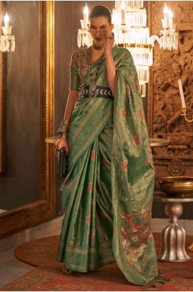 Weaving Handloom silk Saree in Green with Blouse SR24598