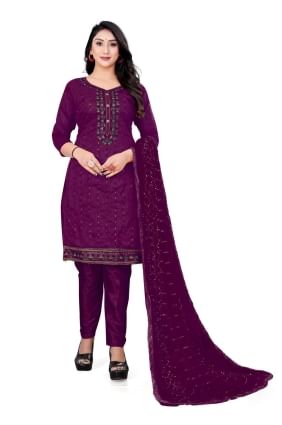 Purple Embroidered Salwar Kameez in Cotton SK153327