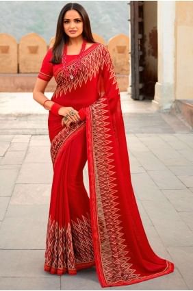 Printed,lace border Georgette Saree in Red SR24619