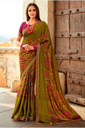Green Saree with Printed,lace border Georgette SR24622