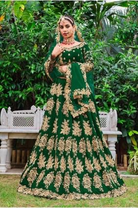 Velvet Stone with moti Wedding Lehenga Choli in Green with Dupatta LC6905