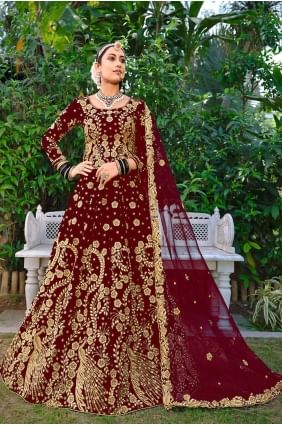 Stone with moti Maroon Velvet Wedding Lehenga Choli with Dupatta LC6907