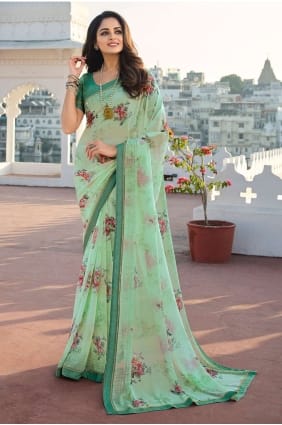 Printed,lace border Georgette Pista Saree with Blouse SR24631