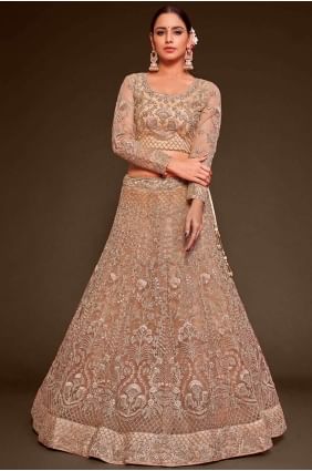 Embroidered Soft net Beige Wedding Lehenga Choli with Dupatta LC6888
